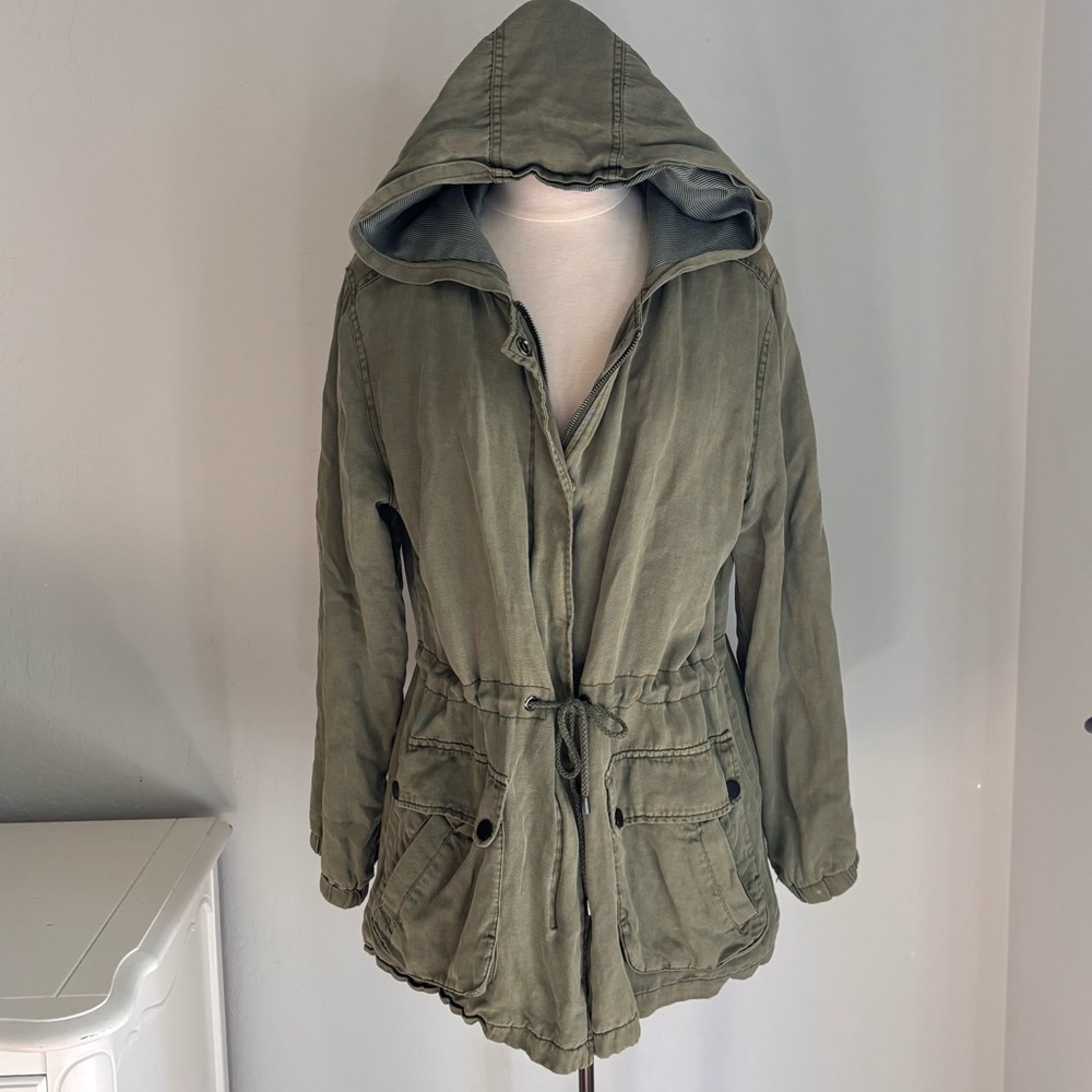 Sanctuary Hooded Utility Jacket Drawstring Waist Zip Front, Olive Green, Size L